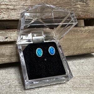 925 sterling silver great shape Kyocera blue green opal gemstone oval earrings